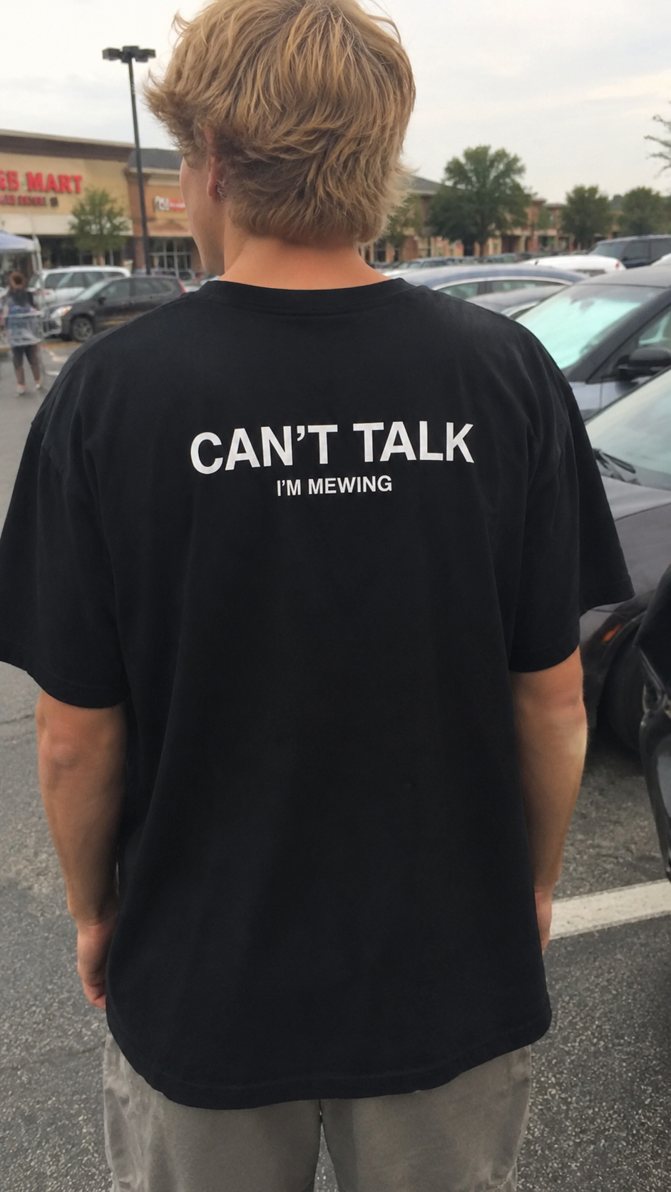 Person wearing a black t-shirt with 'CAN'T TALK I'M MEOWING' text in a parking lot.