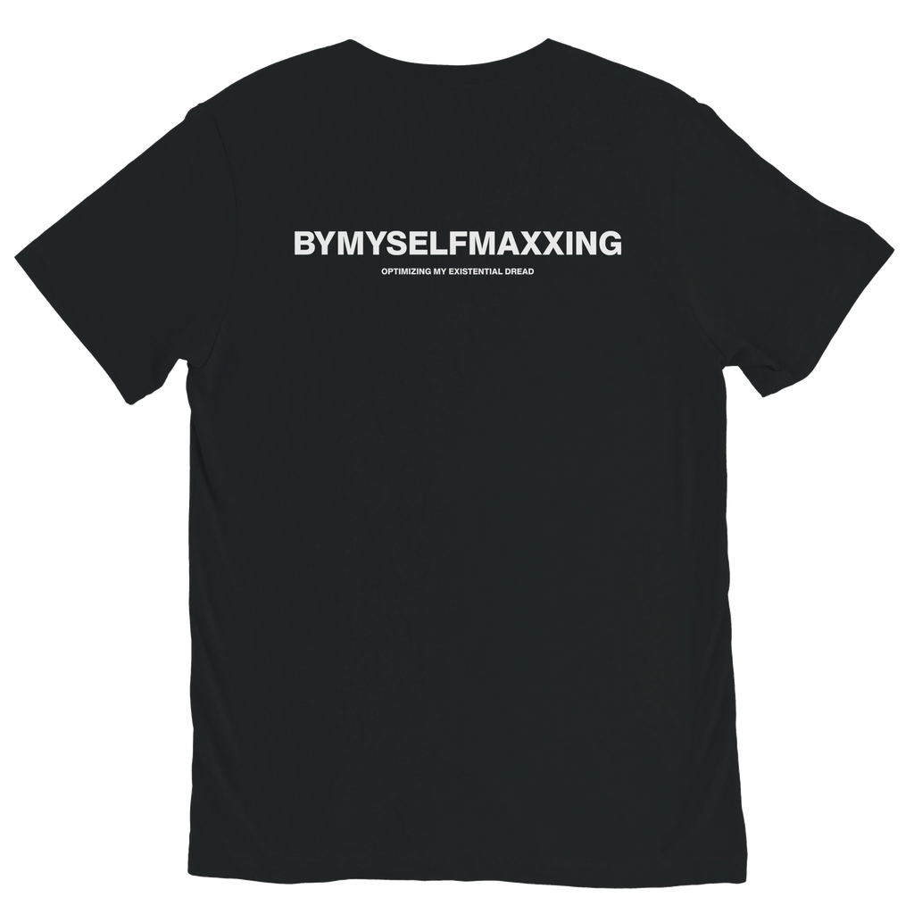 Black BYMYSELFMAXXING meme graphic t-shirt with white back print by DBG Apparel