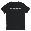 Black BYMYSELFMAXXING meme graphic t-shirt with white back print by DBG Apparel