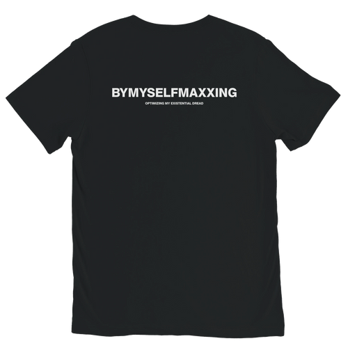 Black BYMYSELFMAXXING meme graphic t-shirt with white back print by DBG Apparel