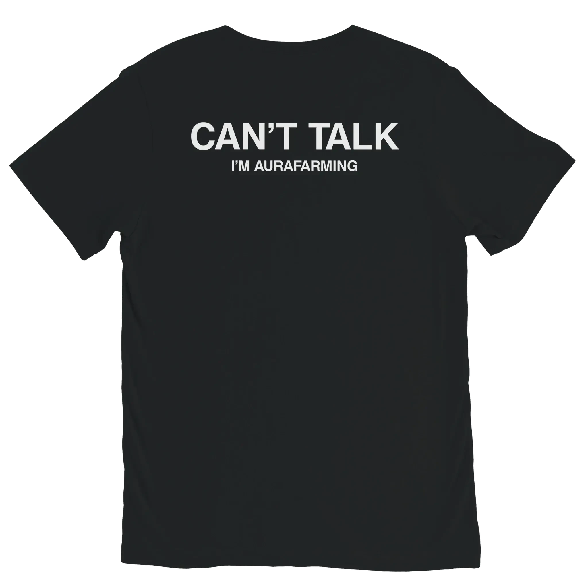 Black CAN’T TALK I’M AURAFARMING graphic t-shirt with white aura farming meme print by DBG Apparel