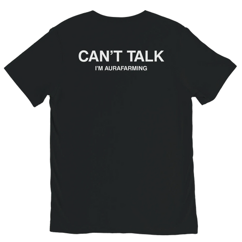 Black CAN’T TALK I’M AURAFARMING graphic t-shirt with white aura farming meme print by DBG Apparel