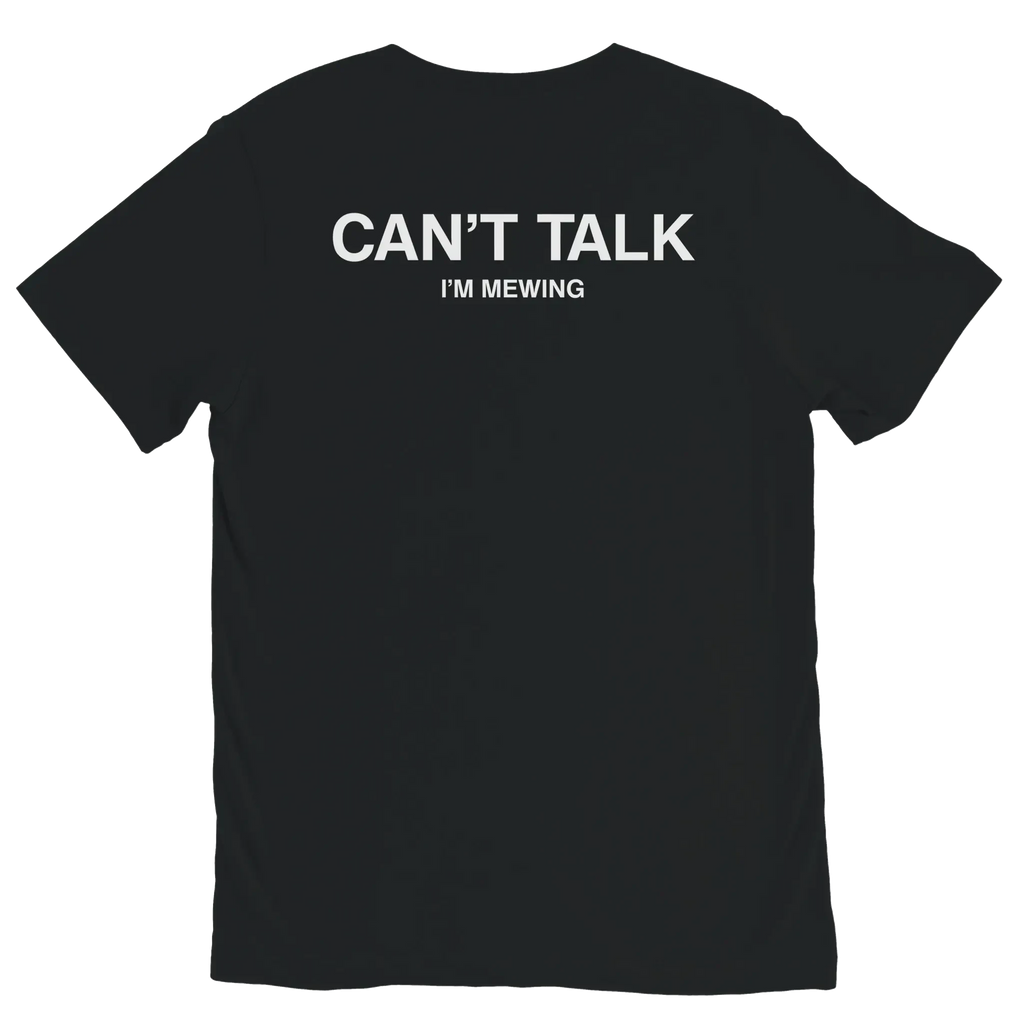 Back of Black CAN’T TALK I’M MEWING graphic t-shirt with white meme text print by DBG Apparel