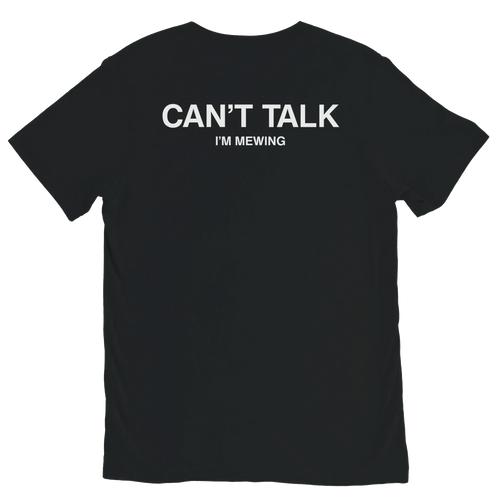 Back of Black CAN’T TALK I’M MEWING graphic t-shirt with white meme text print by DBG Apparel