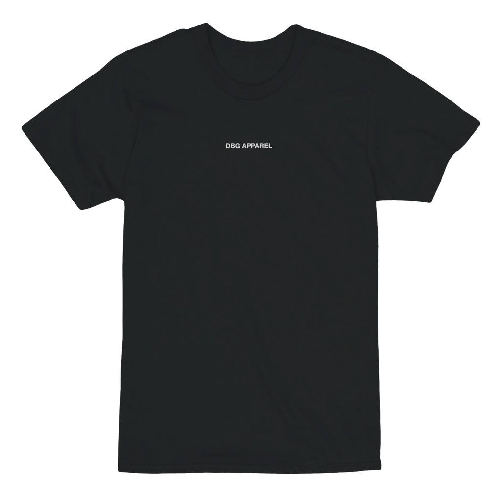 Front view of black DAH BIH GAH graphic t-shirt with small DBG Apparel chest logo
