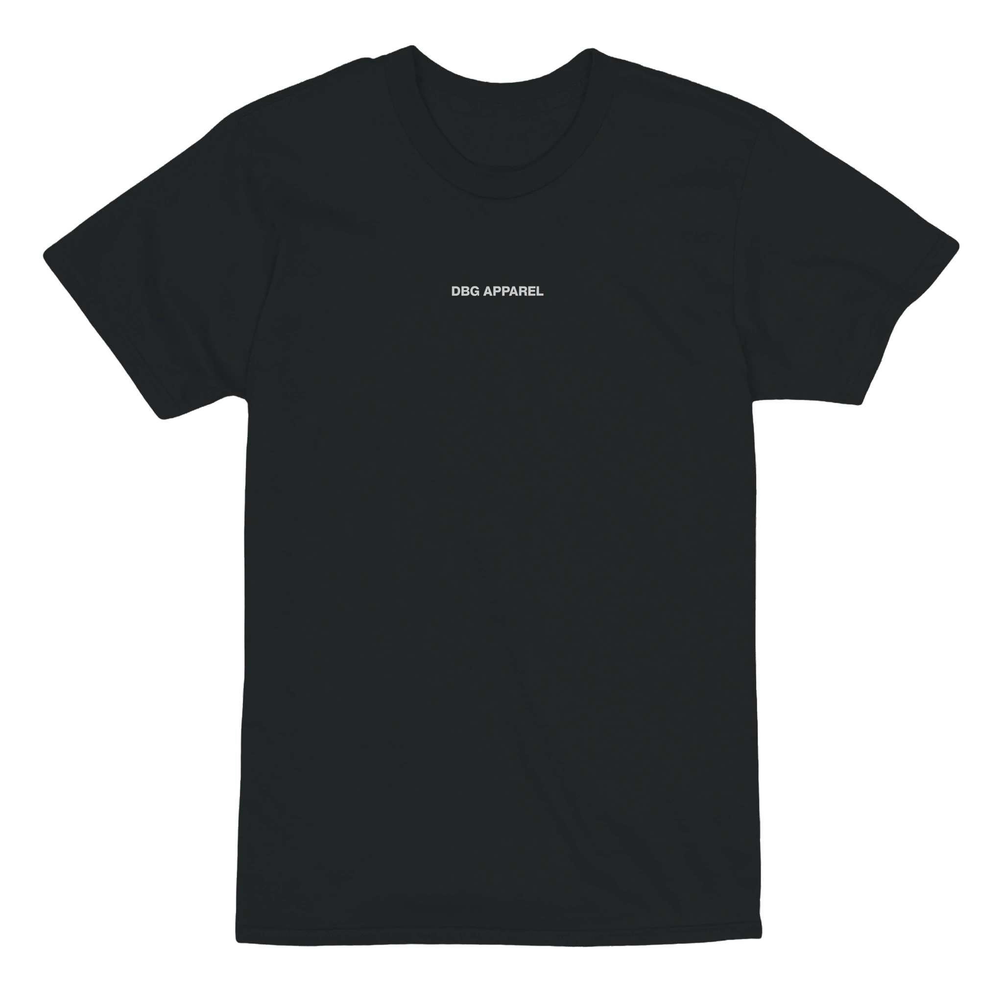 Front view of black DAH BIH GAH graphic t-shirt with small DBG Apparel chest logo
