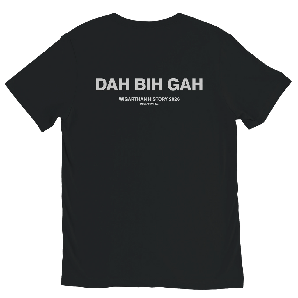 Black DAH BIH GAH meme graphic t-shirt with grey back print by DBG Apparel