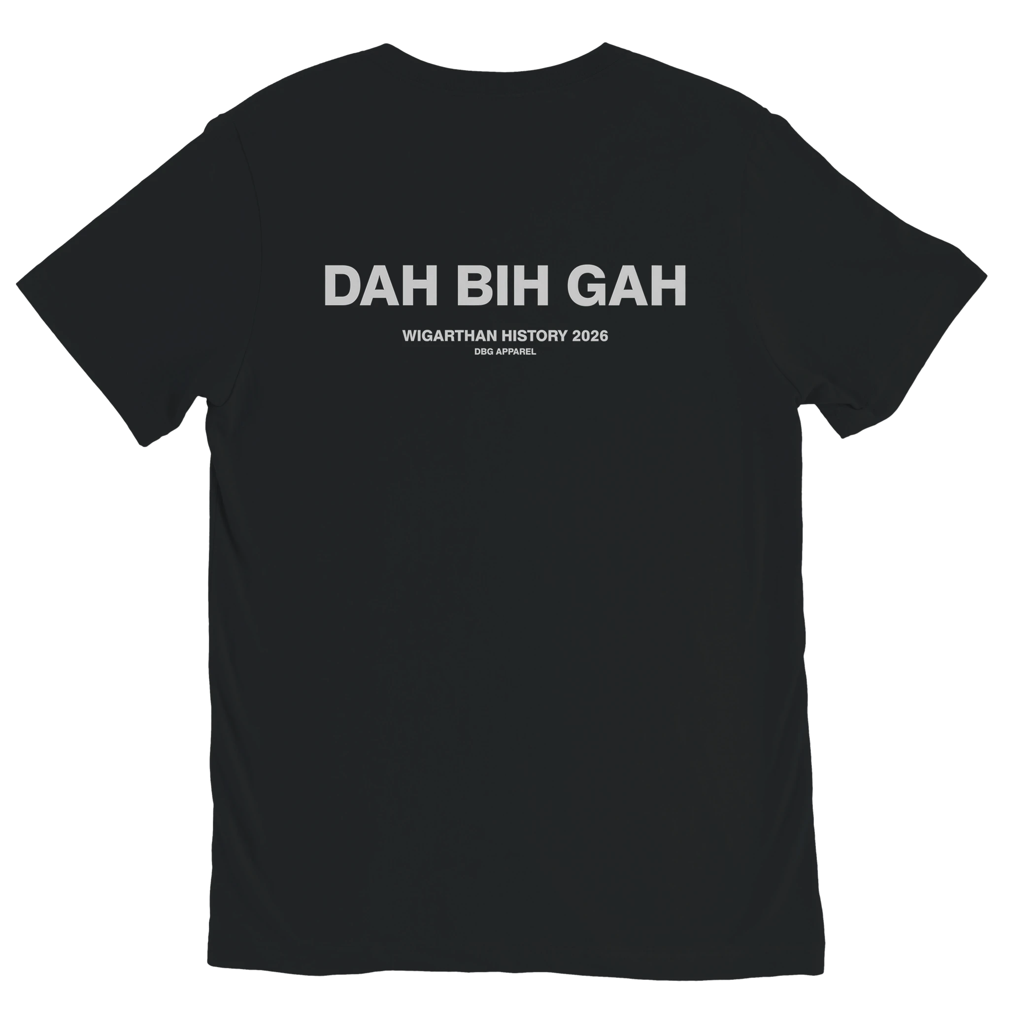 Black DAH BIH GAH meme graphic t-shirt with grey back print by DBG Apparel