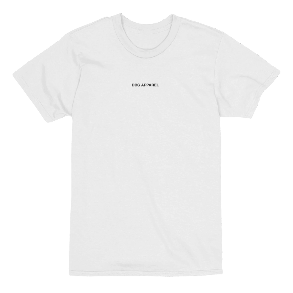 Front view of white DAH BIH GAH graphic t-shirt with small DBG Apparel chest logo