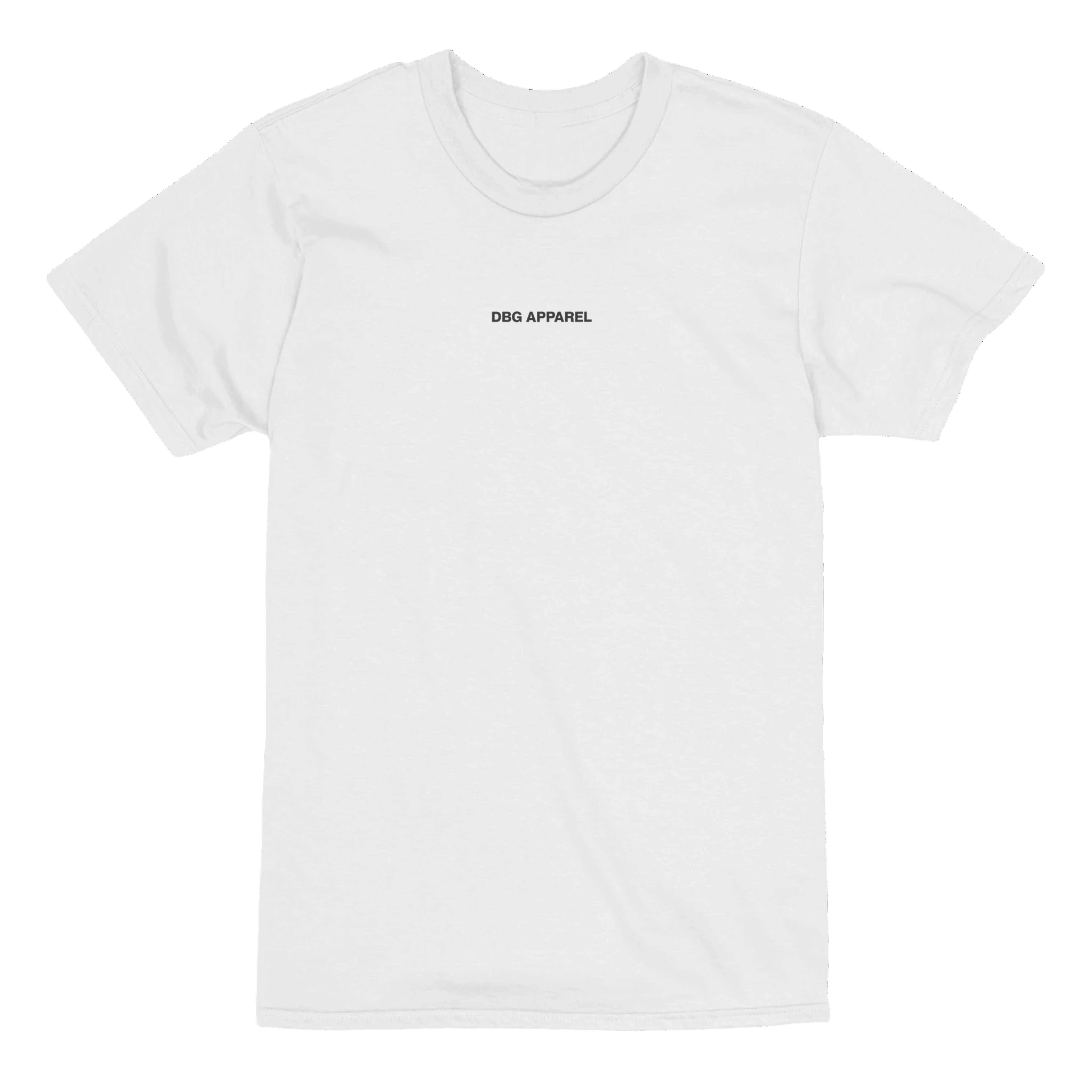 Front view of white DAH BIH GAH graphic t-shirt with small DBG Apparel chest logo