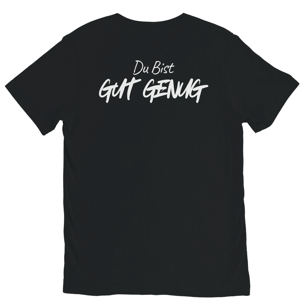Black DU BIST GUT GENUG graphic t shirt with white viral German meme text by DBG Apparel