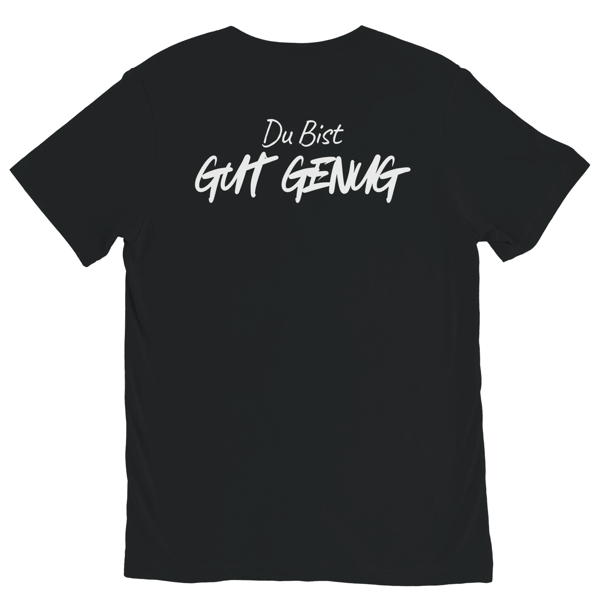 Black DU BIST GUT GENUG graphic t shirt with white viral German meme text by DBG Apparel