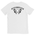 White JESTERMAXXER CERTIFIED graphic t-shirt with black jester back print by DBG Apparel