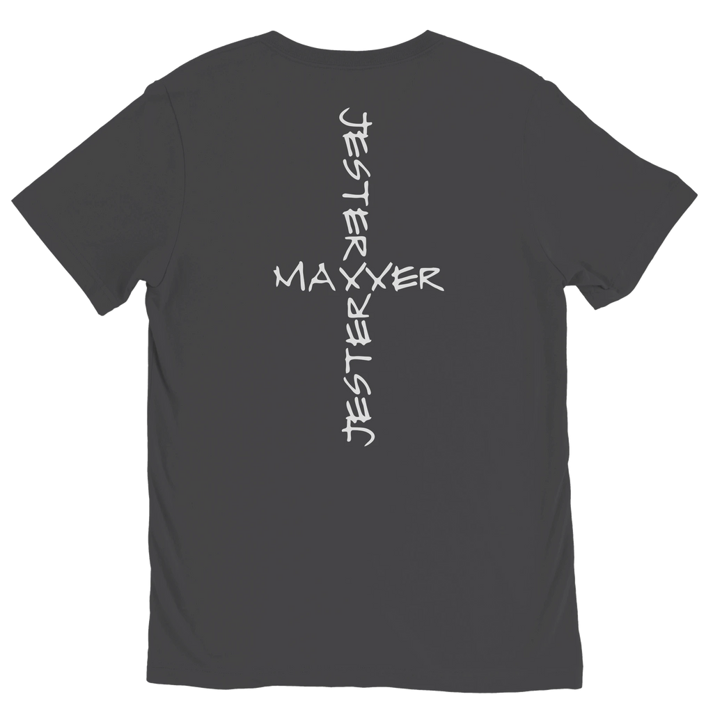 Grey JESTERMAXXING meme graphic t-shirt with white back print by DBG Apparel
